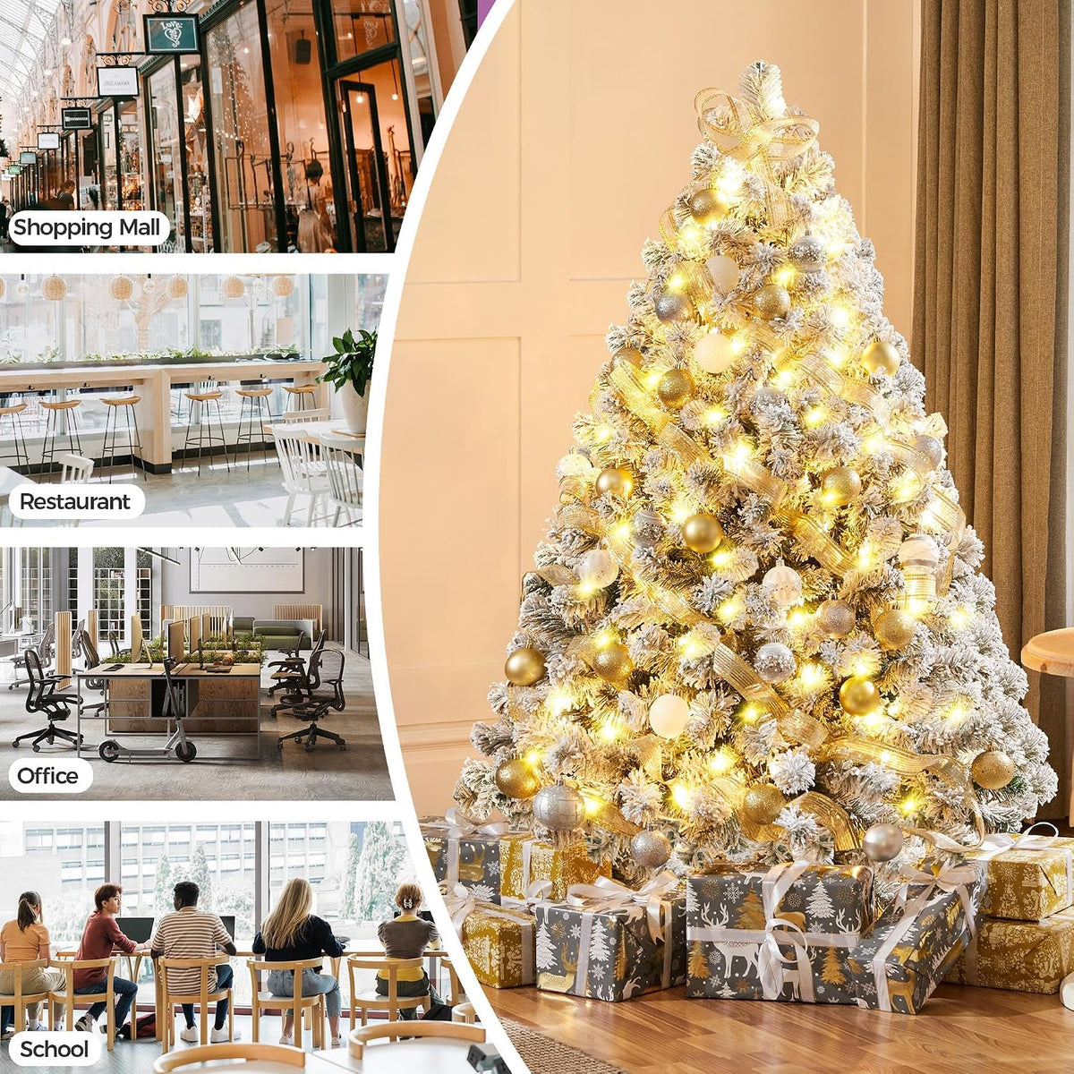 Yaheetech 4.5ft Pre-lit Spruce Artificial Christmas Tree Snow Flocked Hinges Tree with 100 Multicolor LED Lights & 340 Branch Tips & Metal Stand for Home, Office, Party Decoration, Green & White