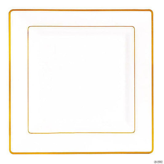 9.5" White with Gold Square Edge Rim Plastic Dinner Plates (40 Plates) | USA Decoration®