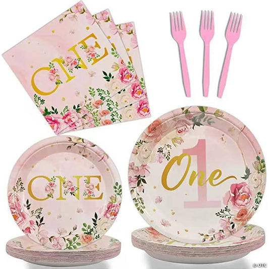 96PCS 1st Birthday Party Supplies Kit for 24 Guests, Includes Plates, Napkins, Forks, Pink Decor | USA Decoration®