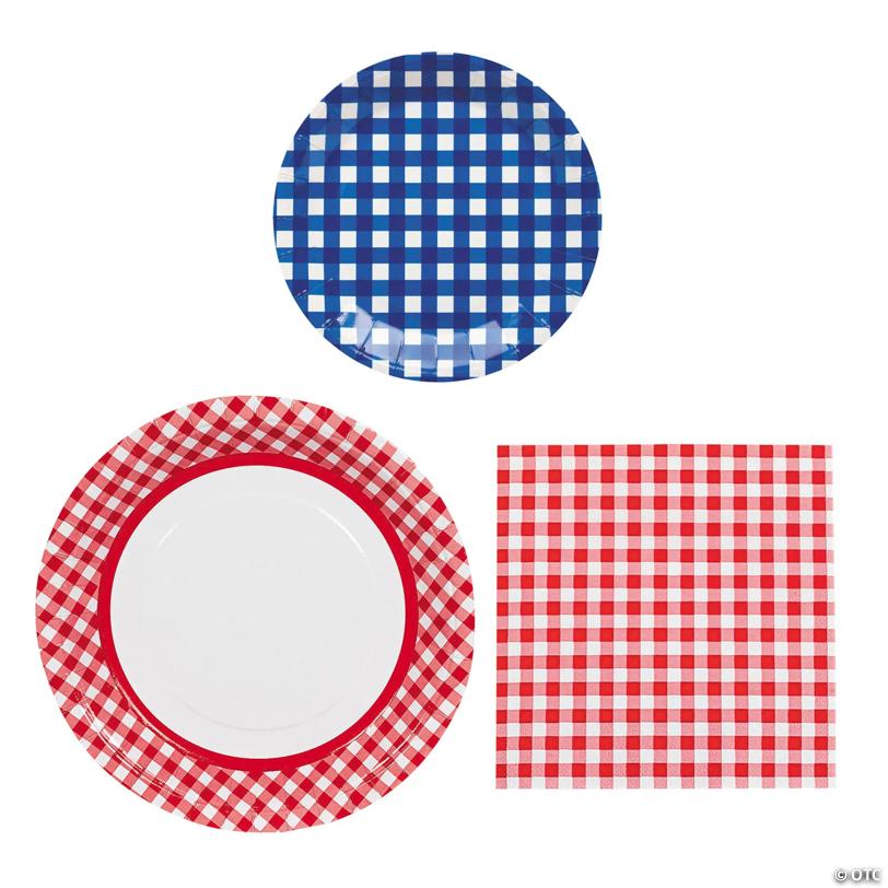96 Pc. Patriotic Gingham Pattern Disposable Tableware Set for 24 Guests