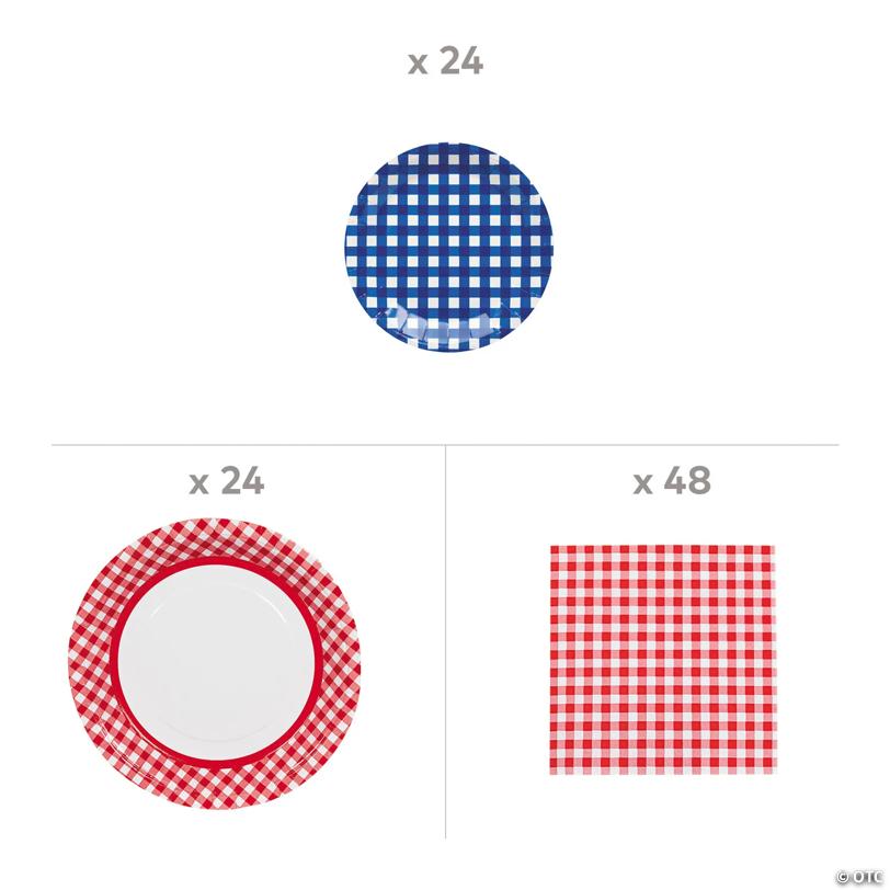 96 Pc. Patriotic Gingham Pattern Disposable Tableware Set for 24 Guests