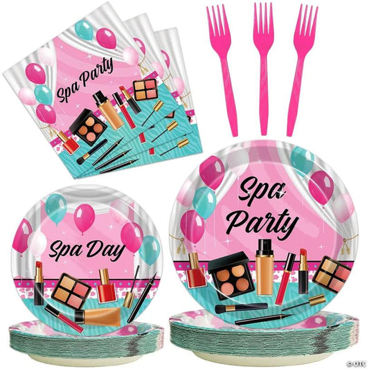 96 Pcs Spa Party Set for 24, Makeup Theme Plates, Napkins & Decorations for Kids Birthday | USA Decoration®