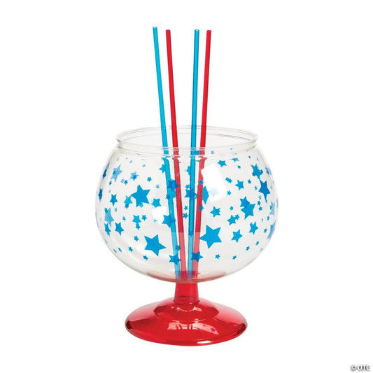 96 oz. Patriotic Reusable BPA-Free Plastic Fishbowl Glass with Straws - 5 Ct.
