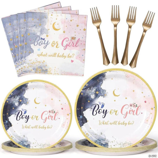 96pcs Gender Reveal Party Supplies Set with Plates, Napkins, Forks for 24 Guests in Blue & Pink | USA Decoration®