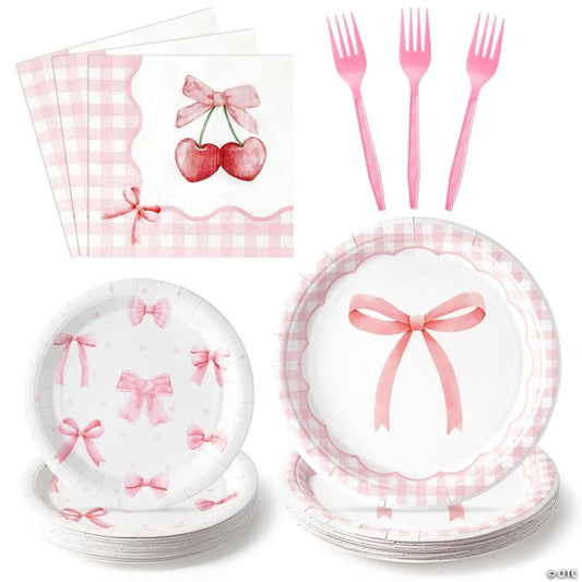 96pcs pink bow plates, napkins, forks for girls' parties, bachelorette, bridal, and birthdays | USA Decoration®