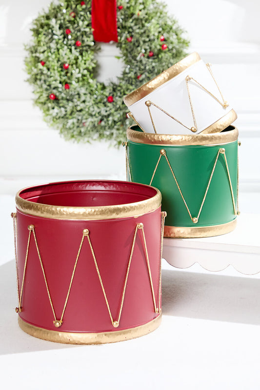 Red and Green Drum Container Set of 3 Festive Holiday Storage & Decor