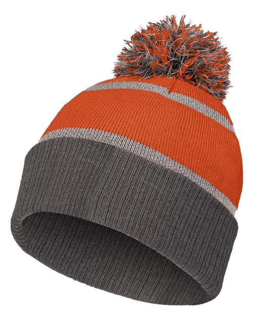 8 1/2 Inch Reflective Knit Beanie | USA Decoration | Acrylic Knit Hat | Reflective Stripes | Pom Pom Accent