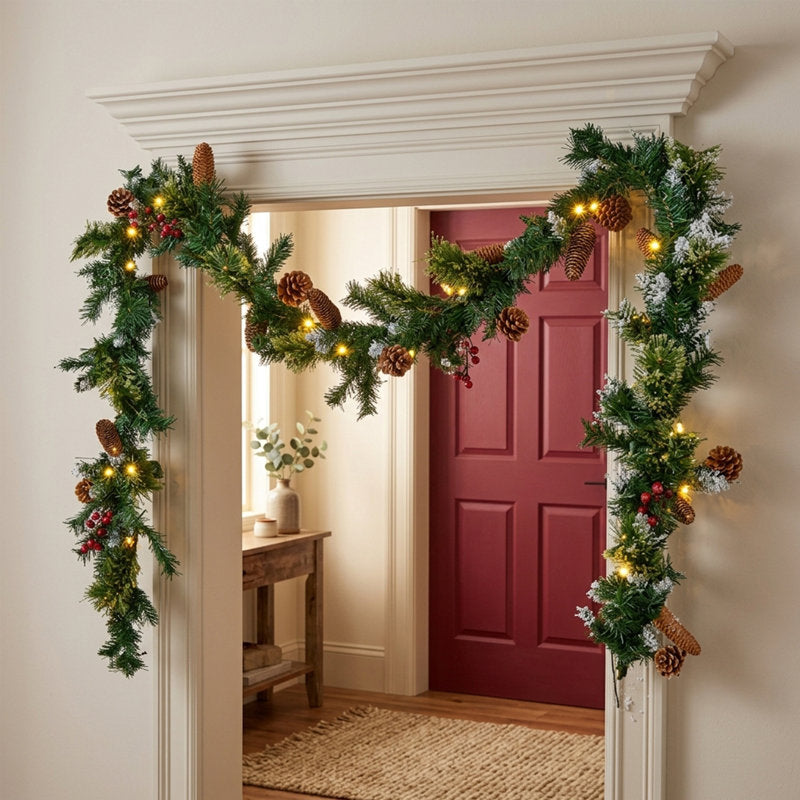 6 ft Red Artificial Fir Christmas Garland framing a front door