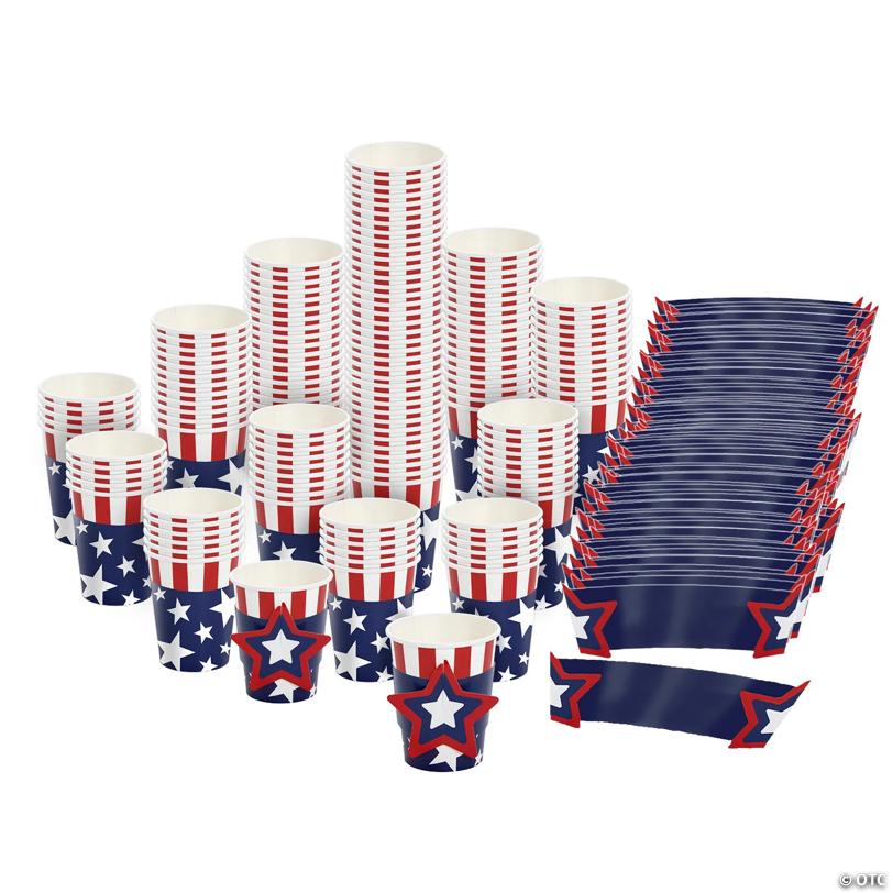 9 oz. Bulk 144 Pc. Patriotic Stars & Stripes Disposable Paper Party Cups with Sleeves