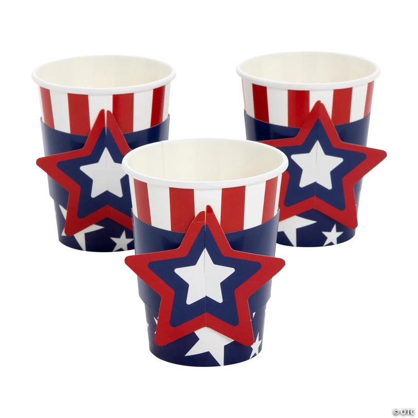 9 oz. Bulk 144 Pc. Patriotic Stars & Stripes Disposable Paper Party Cups with Sleeves