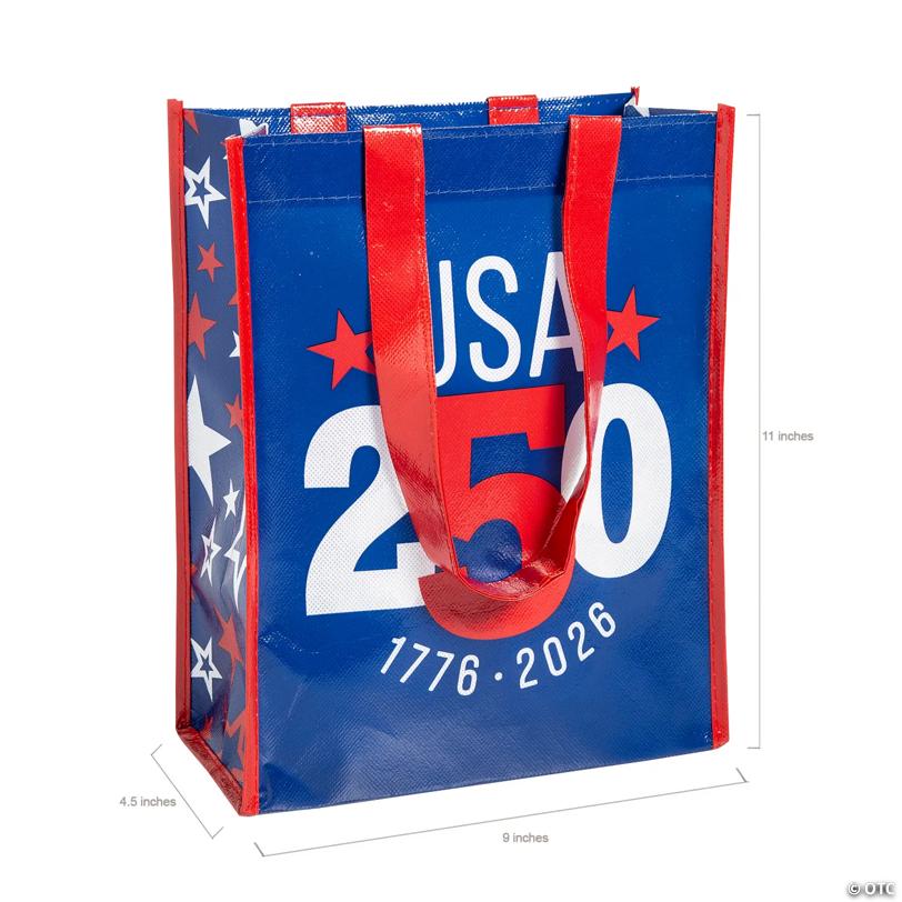 9" x 11" Medium Patriotic America 250th Anniversary Laminated Shopper Tote Bags – 12 Pc.