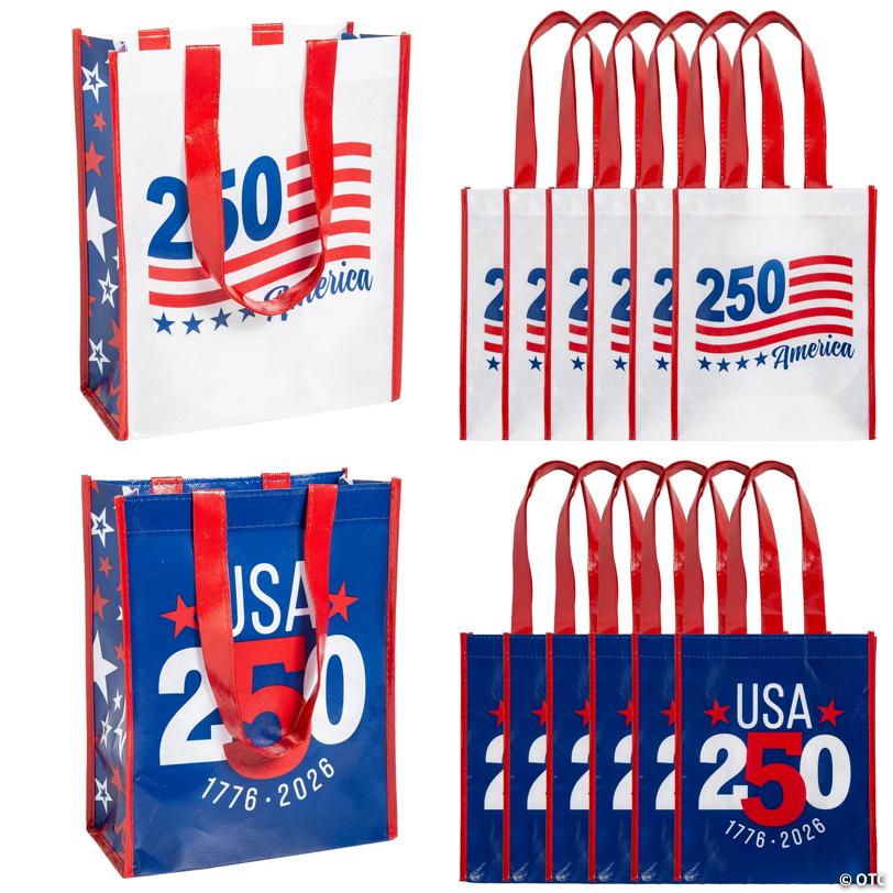 9" x 11" Medium Patriotic America 250th Anniversary Laminated Shopper Tote Bags – 12 Pc.