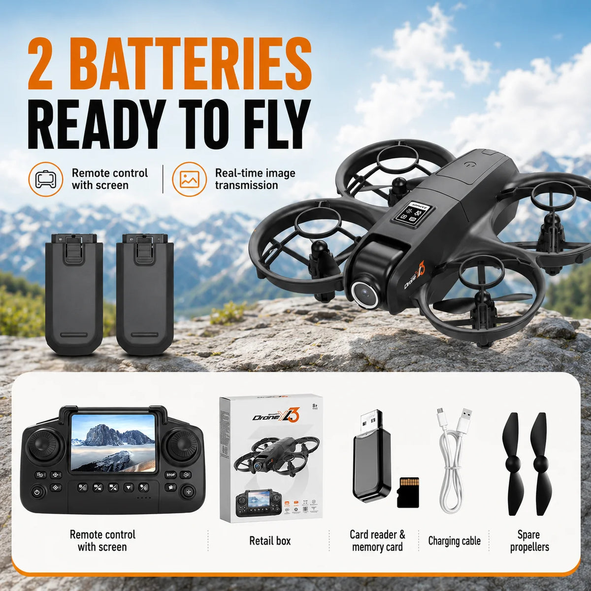 ZNLYRION Mini Full Protective Drone YL3PK With 2.4 Inch Screen Remote Dual Camera Optical Flow Hover 2 Batteries Indoor RC Quadcopter