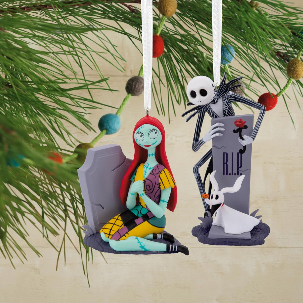 Hallmark Christmas Ornaments, Disney Tim Burton's The Nightmare Before Christmas Jack and Sally with Tombstones Ornaments, Set of 2, Gifts for Disney Fans