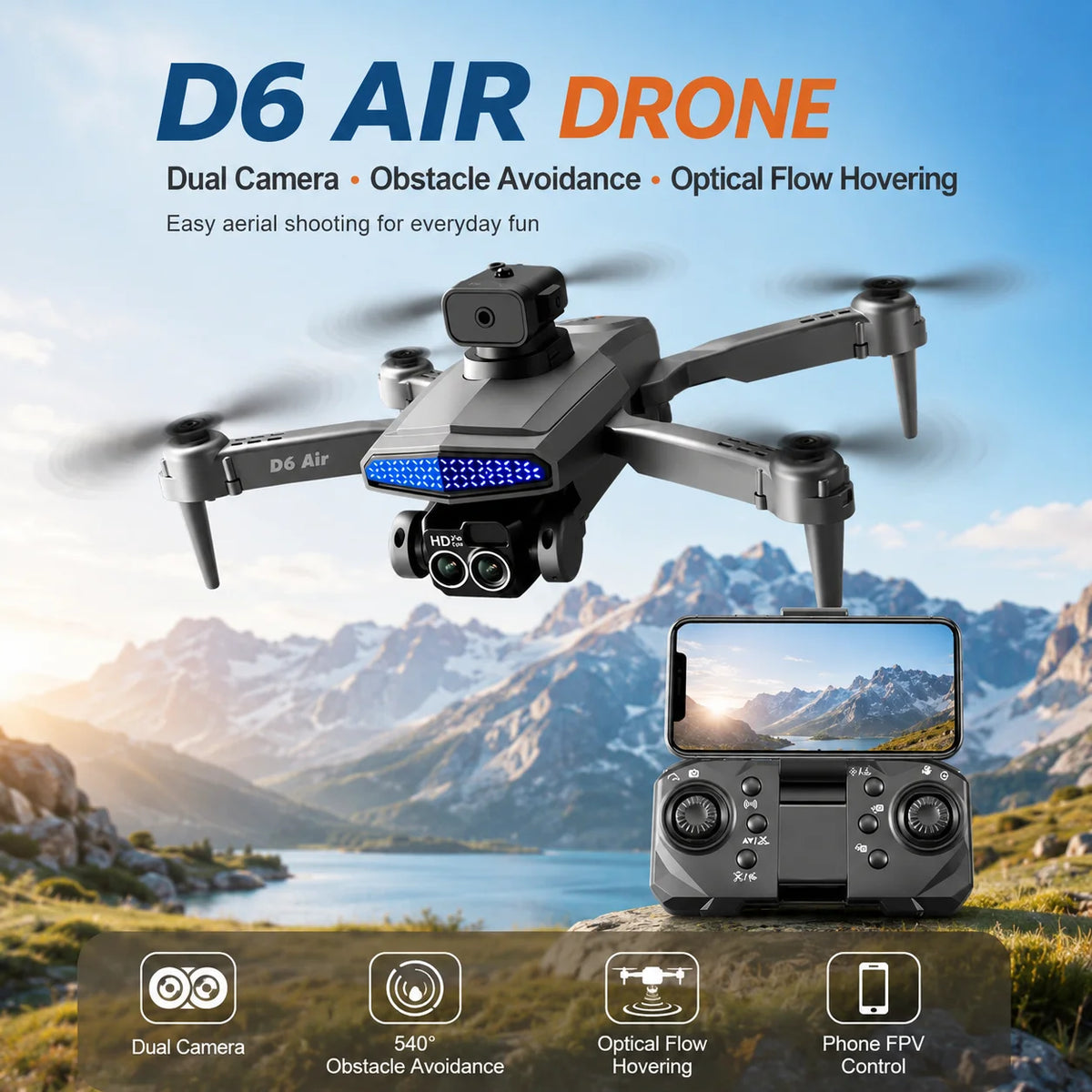 ZNLYRION RC Drone D6 Air Foldable 4K Dual Camera WiFi FPV Quadcopter with Optical Flow Hovering 540Â° Obstacle Avoidance 50X Zoom 2.4GHz 4CH Remote Control Drone with Storage Bag