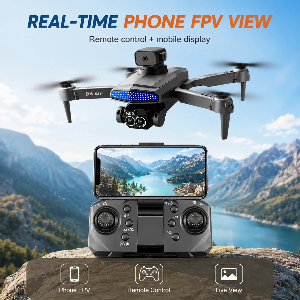 ZNLYRION RC Drone D6 Air Foldable 4K Dual Camera WiFi FPV Quadcopter with Optical Flow Hovering 540Â° Obstacle Avoidance 50X Zoom 2.4GHz 4CH Remote Control Drone with Storage Bag
