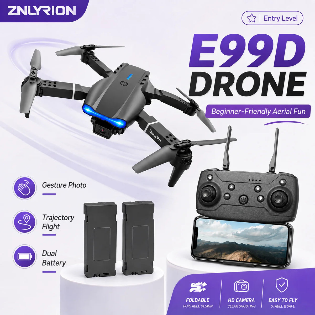 RC Drone ZNLYRION FPV Drone Dual Camera Optical Flow Hover Foldable RC Quadcopter APP Path Flight Beginner Drone Toy