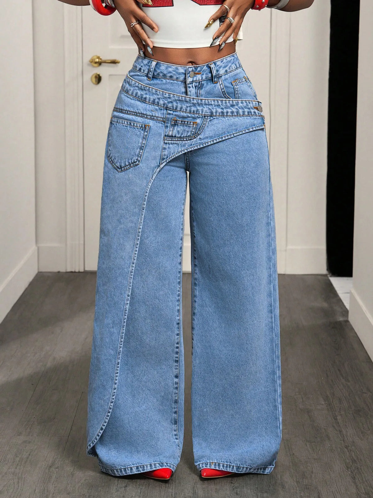 Patchwork Denim Pant Women Jeans Vintage Trendy 2026 Wide Leg High Waist Straight Y2k Irregular Streetwear Splice Loose Trousers