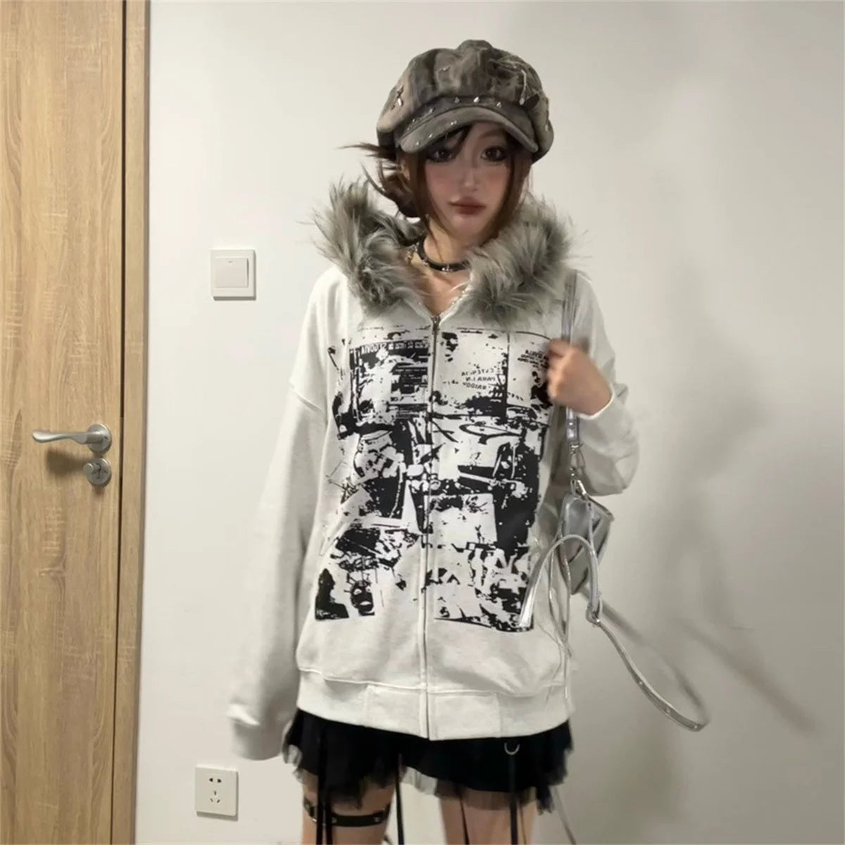Grey Faux Fur Wool Double Zipper Jacket Hoodies Women's Slim Waist Hooded Vintage Y2k Coats Ropa Mujer Casual Fashion Sweatshirt