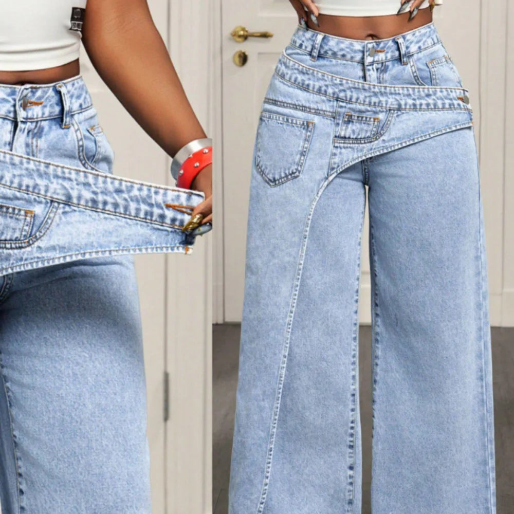Patchwork Denim Pant Women Jeans Vintage Trendy 2026 Wide Leg High Waist Straight Y2k Irregular Streetwear Splice Loose Trousers