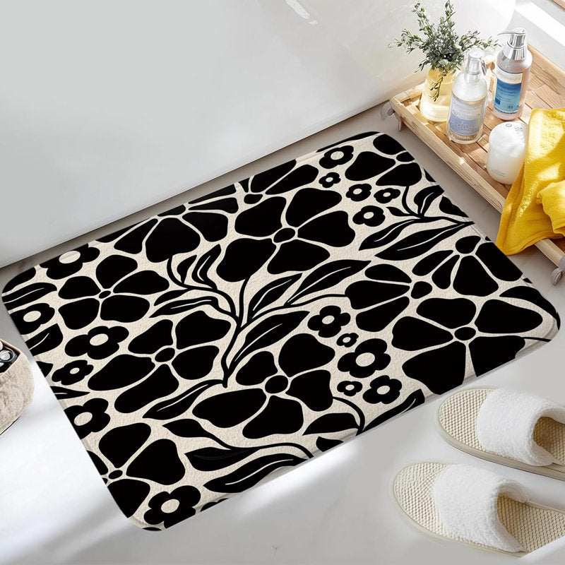 Abstract Black Flower Bath Mat, Vintage Boho Floral Leaves Aesthetic Retro Plant Mid Century Bathroom Floor Mat, Absorbent Quick Dry Soft Flannel Bath Mat for Bathroom Kitchen, 16x24 inch