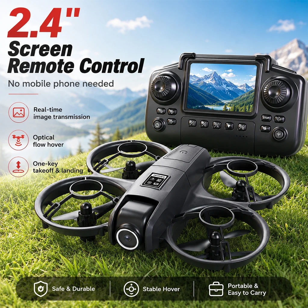 ZNLYRION Mini Full Protective Drone YL3PK With 2.4 Inch Screen Remote Dual Camera Optical Flow Hover 2 Batteries Indoor RC Quadcopter