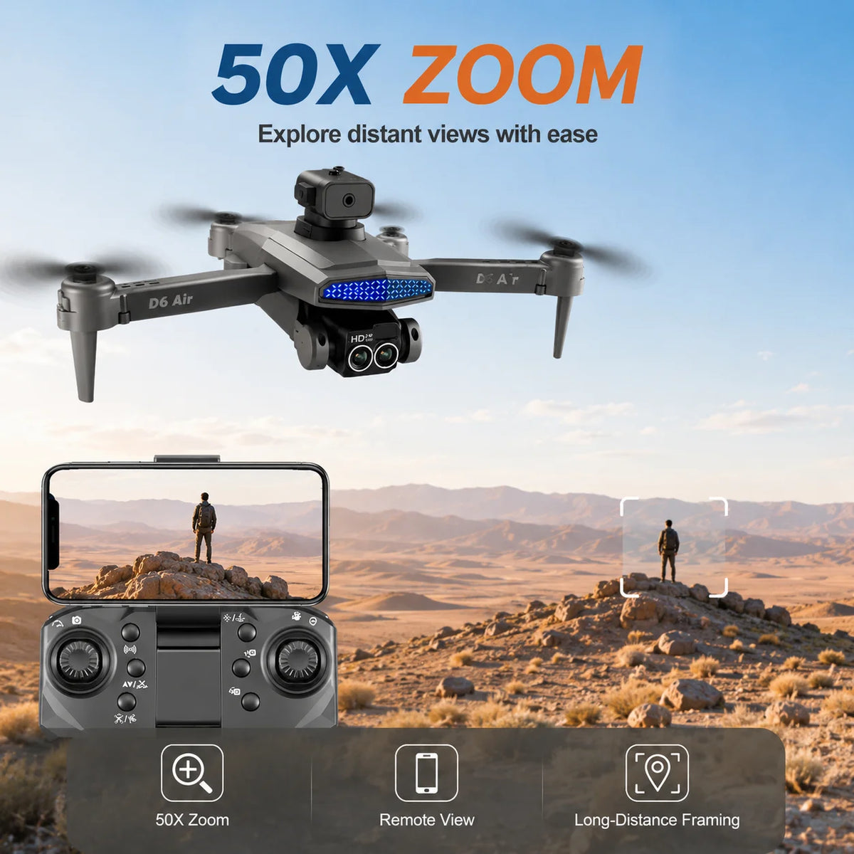 ZNLYRION RC Drone D6 Air Foldable 4K Dual Camera WiFi FPV Quadcopter with Optical Flow Hovering 540Â° Obstacle Avoidance 50X Zoom 2.4GHz 4CH Remote Control Drone with Storage Bag