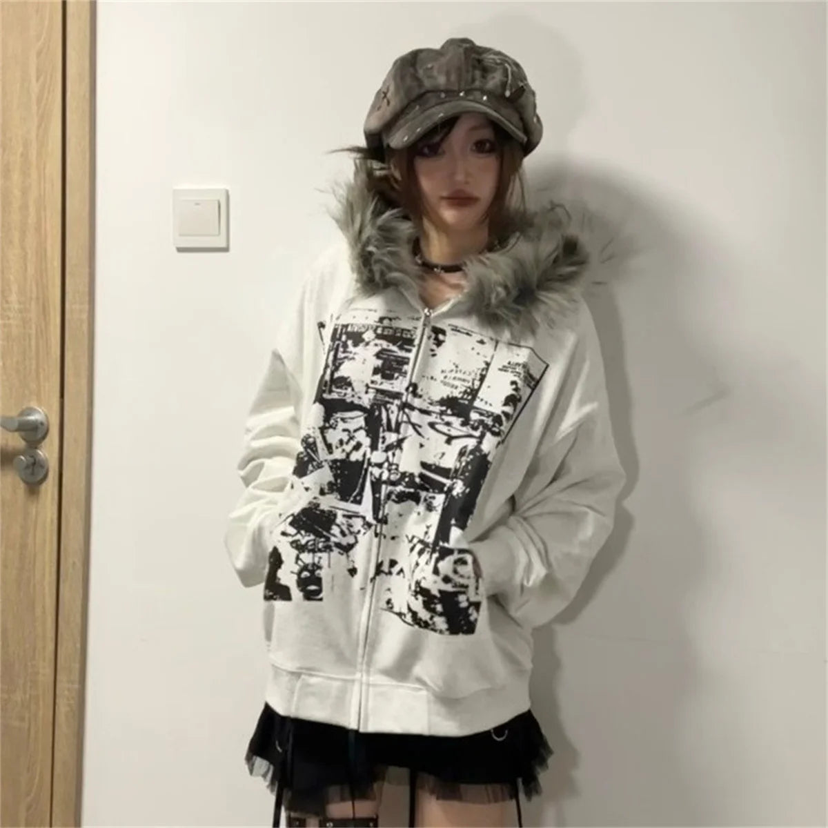 Grey Faux Fur Wool Double Zipper Jacket Hoodies Women's Slim Waist Hooded Vintage Y2k Coats Ropa Mujer Casual Fashion Sweatshirt