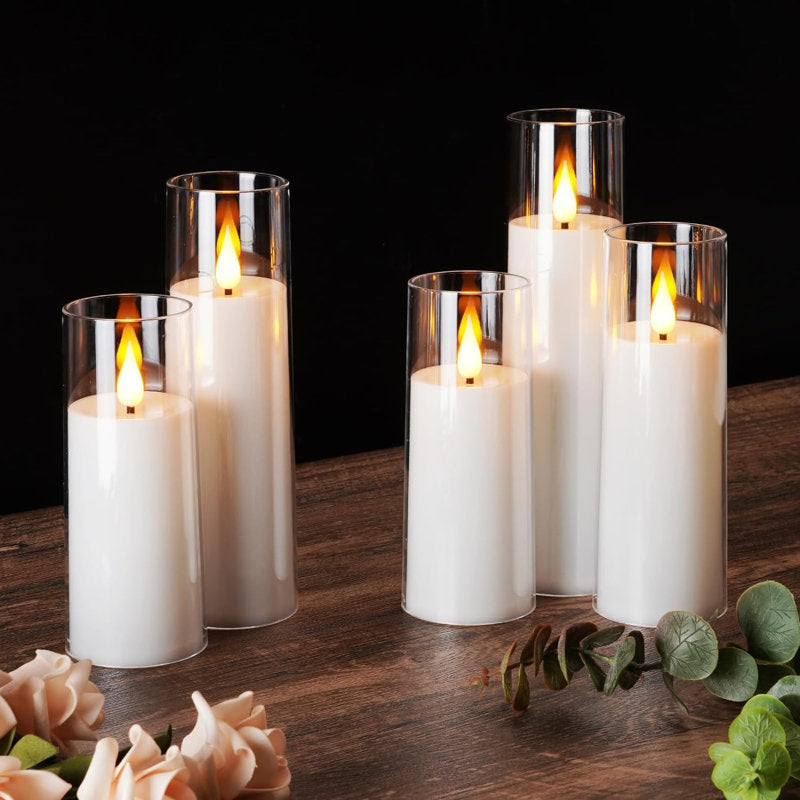 Acrylic Flameless Candles, Battery Operated Candles, Flickering Led Pillar Candles With Remote Control And Timer, 3d Wick, Warm White Light, D2.2 Xh5 5" 6" 7" 8", Set Of 5