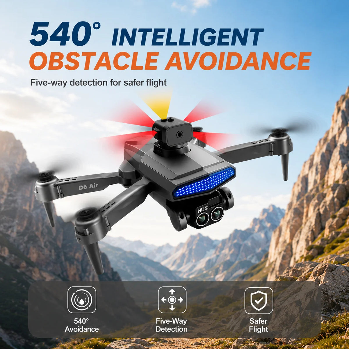 ZNLYRION RC Drone D6 Air Foldable 4K Dual Camera WiFi FPV Quadcopter with Optical Flow Hovering 540Â° Obstacle Avoidance 50X Zoom 2.4GHz 4CH Remote Control Drone with Storage Bag