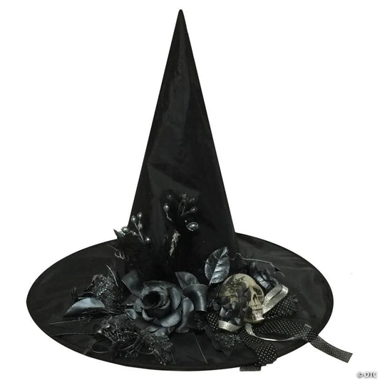Adults Black Witch Hat with Skull & Flowers
