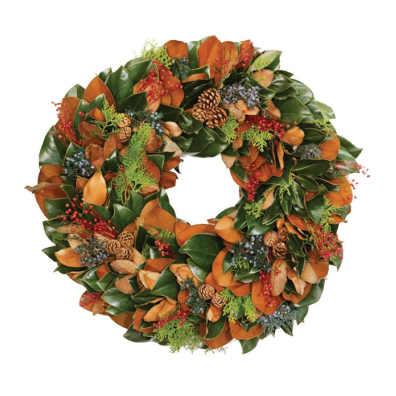 American Plant Exchange Live Fresh Cut Wreath - Little Gem & Berries – 18-Inch Handmade Magnolia, Carolina Sapphire, Pinecone, and Red Berry Holiday Door Décor