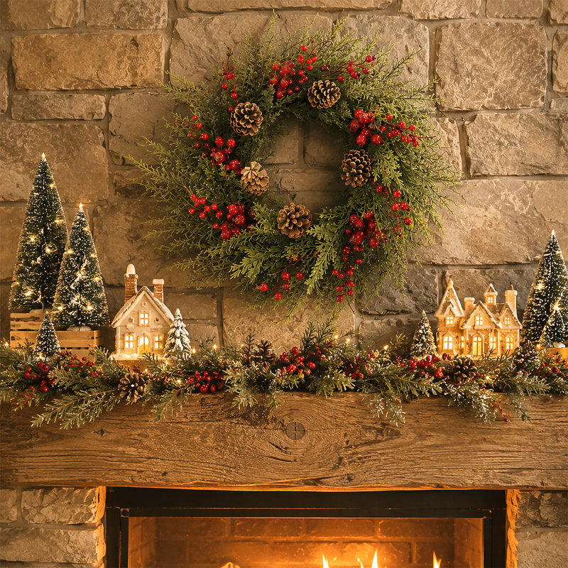 Artificial Cedar Berry & Pinecone Christmas Wreath For Front Door, Indoor Holiday Wall Décor