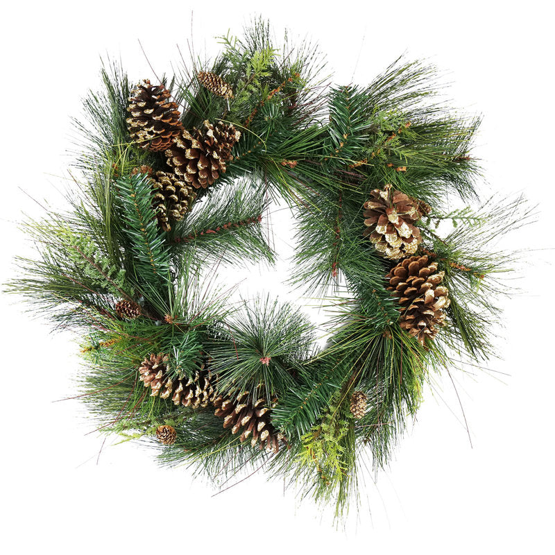 Glitter Artificial Pine Christmas Wreath hung on a wooden door