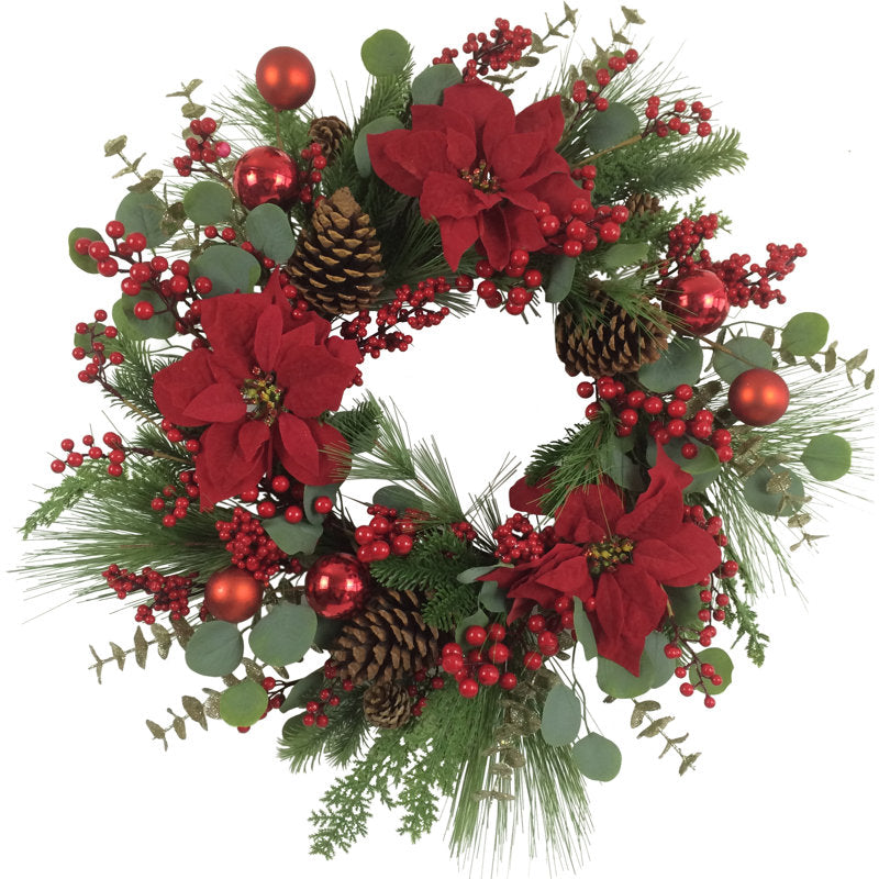 Artificial Poinsettia Christmas Wreath hanging on a front door