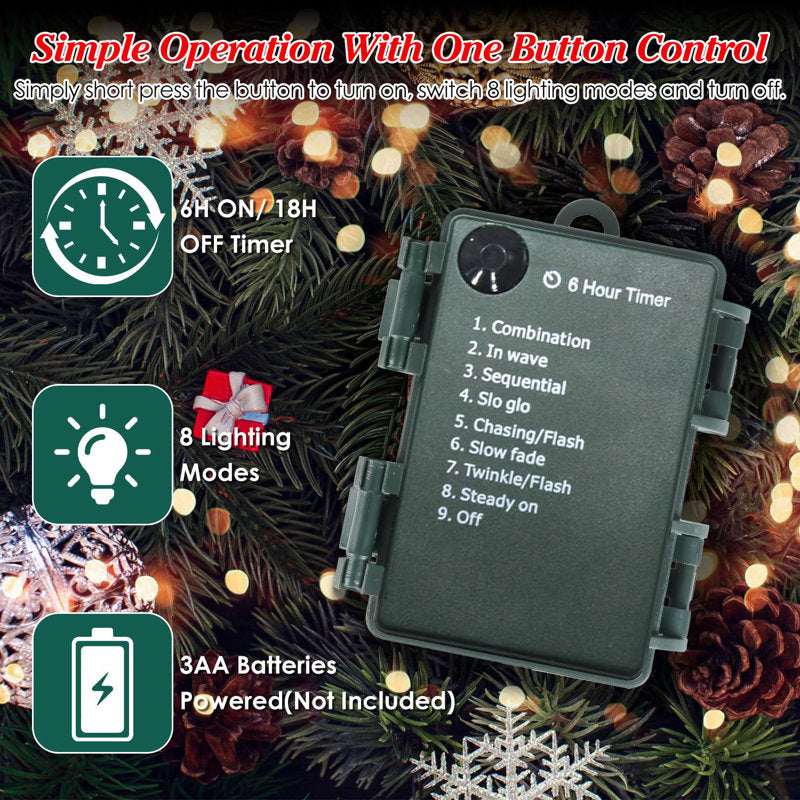 Battery-Powered Lighted Christmas Tree Urn Fillers with 50 Warm White LEDs, 8 Lighting Modes, Timer, Red Berries and Ornaments