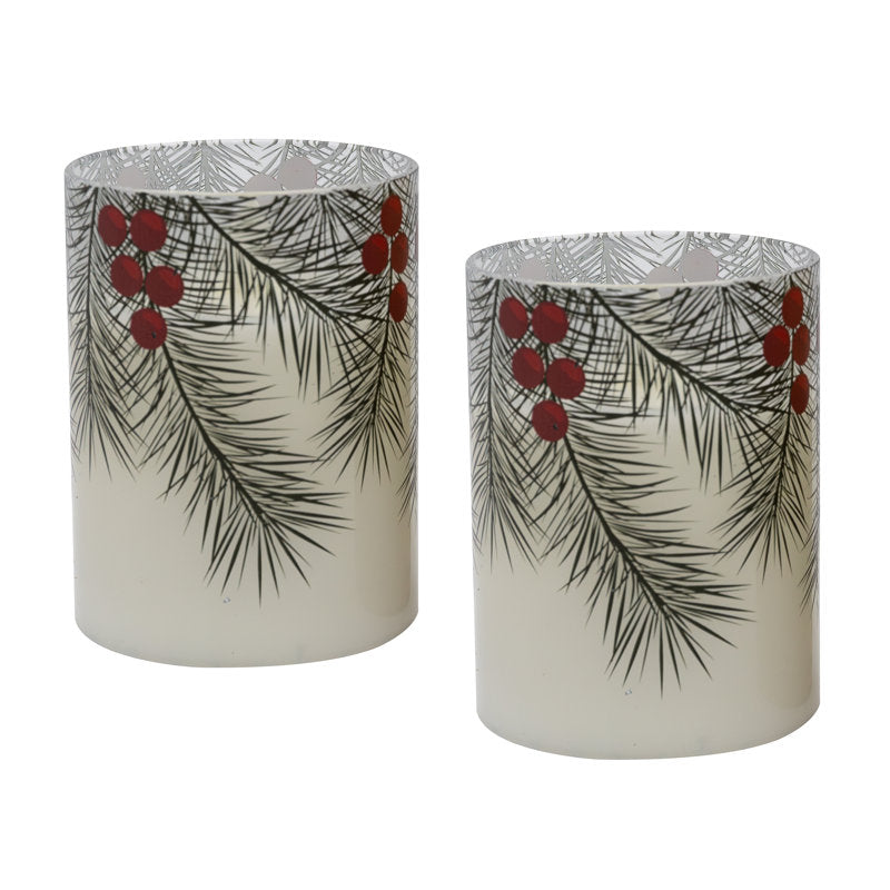 Battery Operated LED Glass Candles with Flickering Flame, Green Pines - 2 Piece
