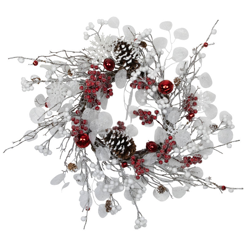 24" unlit white Christmas wreath with red berries and snowflakes
