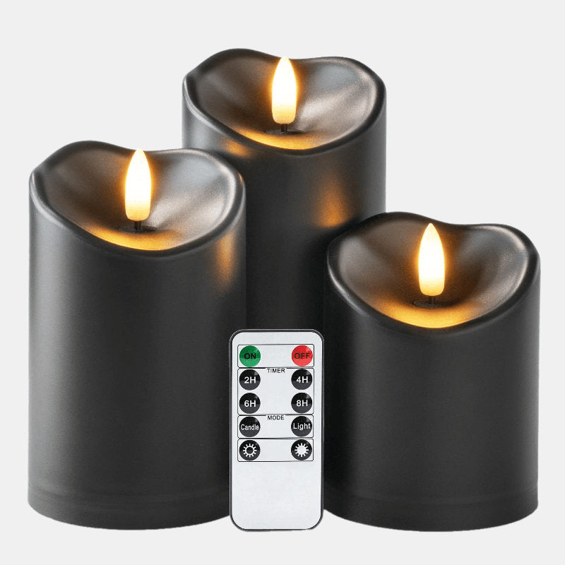 Black Flameless Candles, Halloween Candles Battery Operated with Remote and Timer, Flickering LED Pillar Candle for Theme Party, Holiday Decor, Set of 3