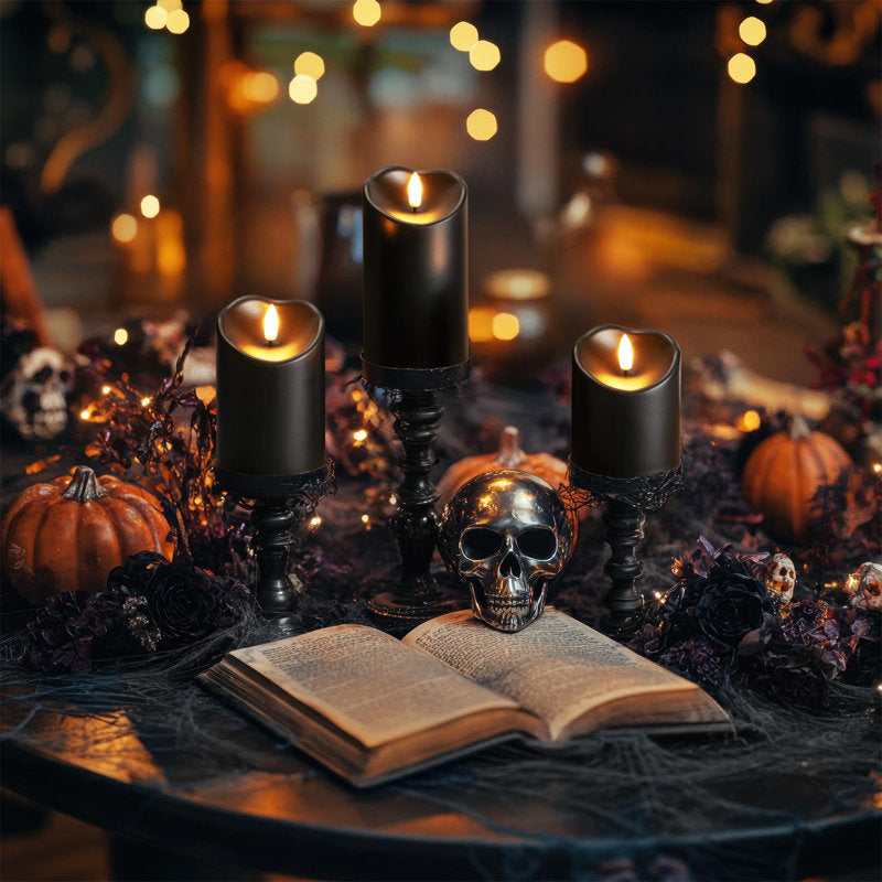 Black Flameless Candles, Halloween Candles Battery Operated with Remote and Timer, Flickering LED Pillar Candle for Theme Party, Holiday Decor, Set of 3