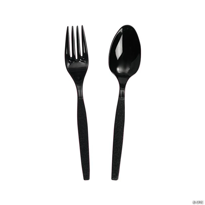 Black Plastic Fork & Spoon Cutlery Set - 16 Ct. | USA Decoration®