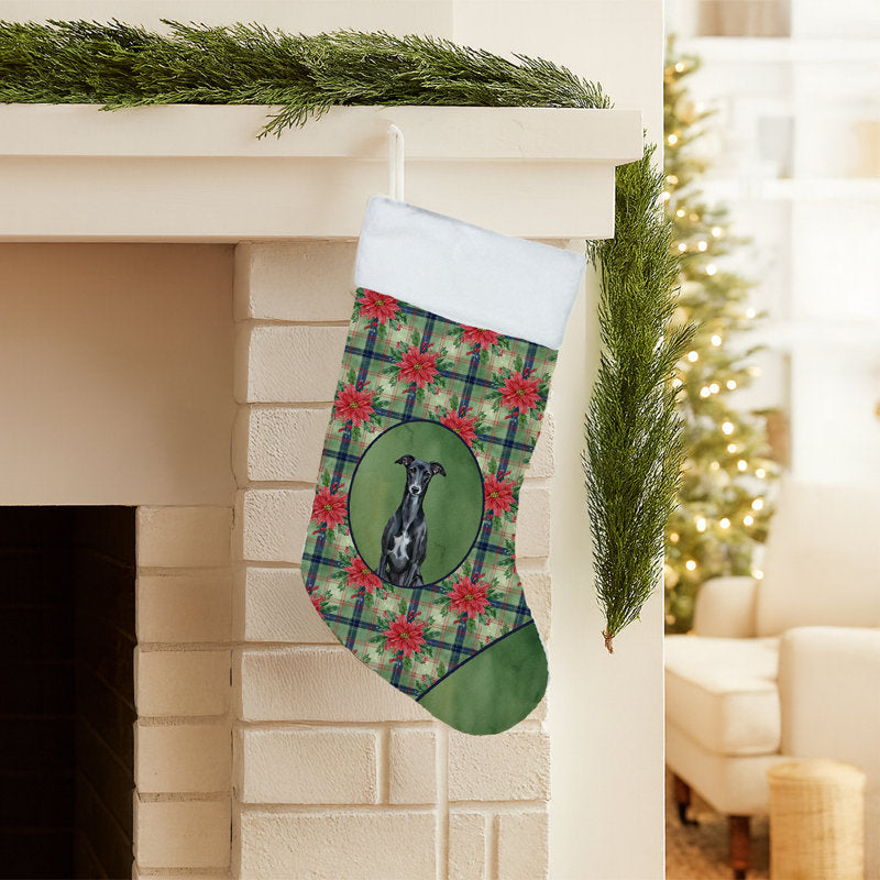 Black Whippet Christmas PoinsettIas Holiday Stocking