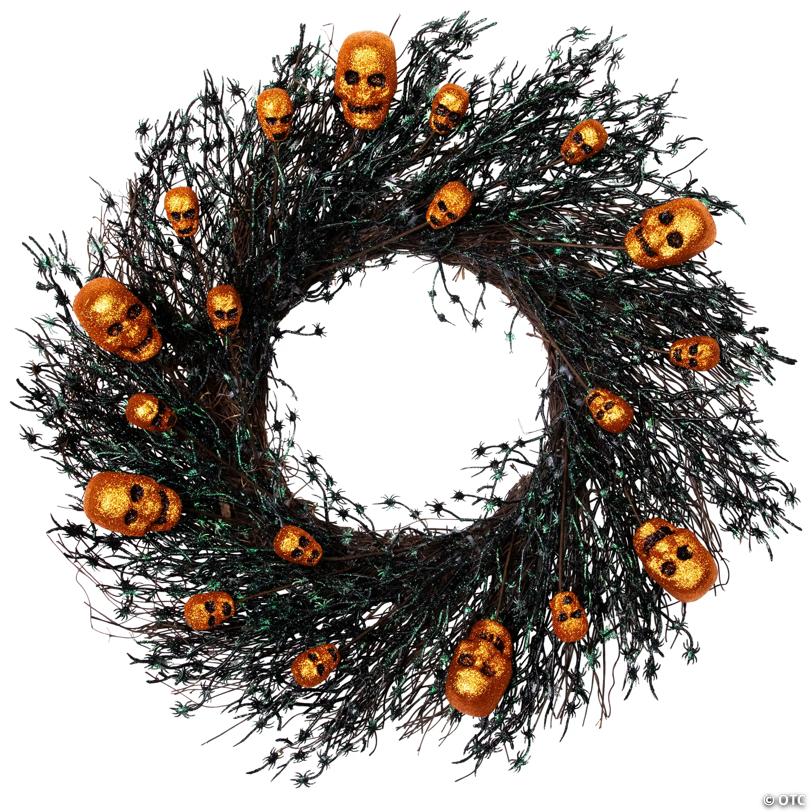 Black and Orange Skulls and Spiders Halloween Twig Wreath  22-Inch  Unlit