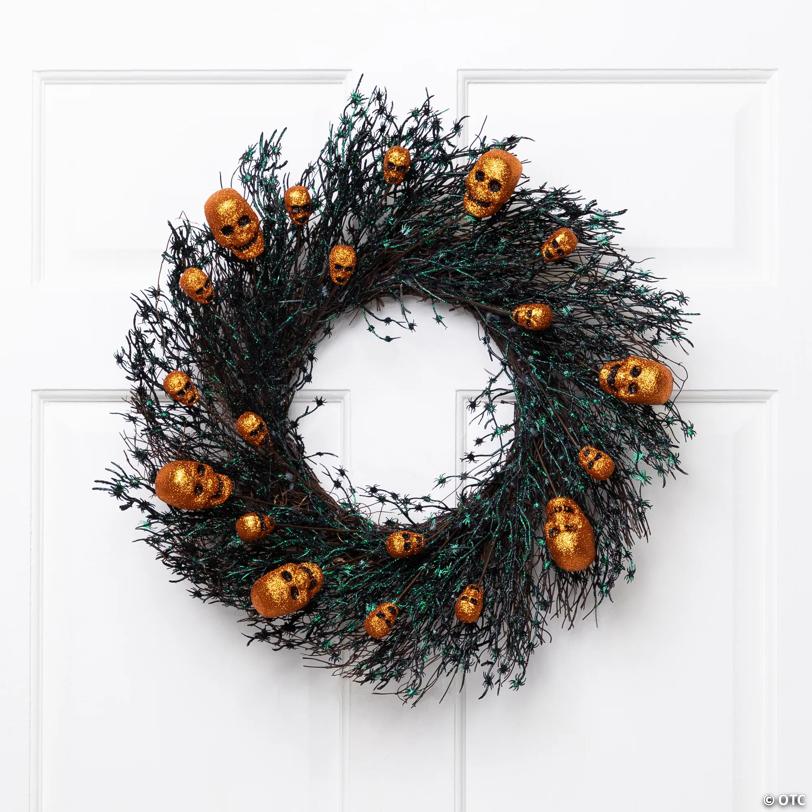 Black and Orange Skulls and Spiders Halloween Twig Wreath  22-Inch  Unlit