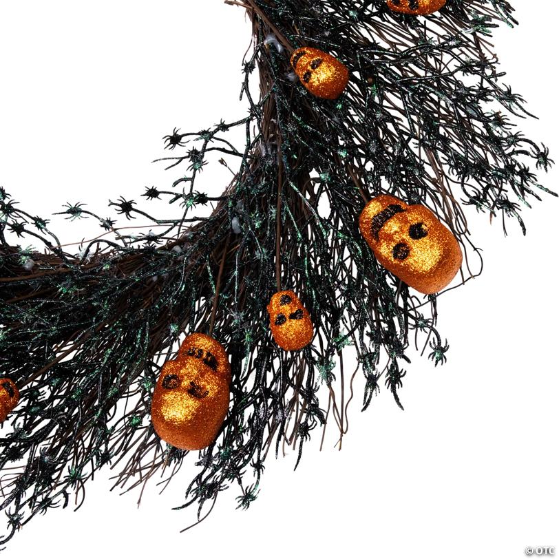Black and Orange Skulls and Spiders Halloween Twig Wreath  22-Inch  Unlit