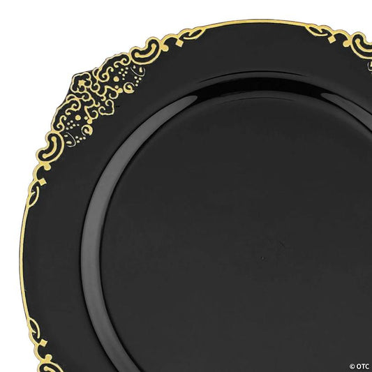 Black with Gold Fancy Round Disposable Plastic Dinner Plates (10.25") - (60 Plates) | USA Decoration®