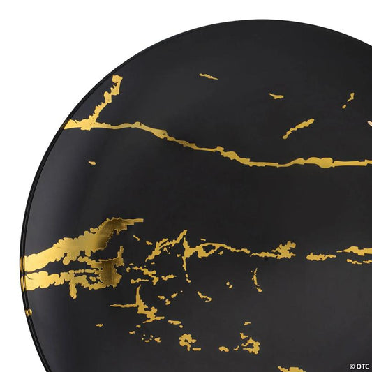 Black with Gold Marble Stroke Round Disposable Plastic Appetizer/Salad Plates (7.5") - (60 Plates) | USA Decoration®
