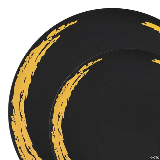 Black with Gold Moonlight Round Disposable Plastic Dinnerware Value Set - 20 Dinner Plates + 20 Salad Plates | USA Decoration®
