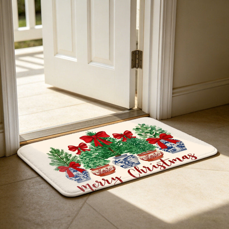 Blue And White Christmas Tree Door Rug For Outdoor And Indoor, 24 X 36 In, Green Red White