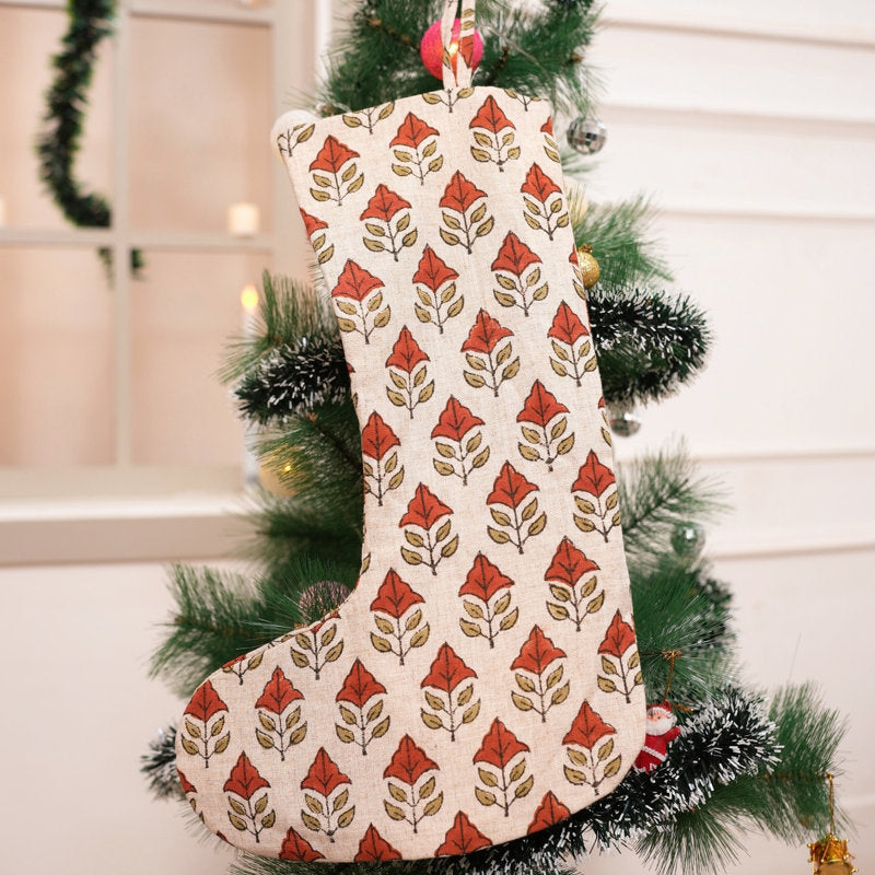 Boho Block Print Christmas Stocking Handmade Linen Festive DÃ©cor for Home & Gifting- Mayur